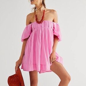 Free People Pink Puff Sleeve Mini Dress XS Boho Open Back Tie Babydoll